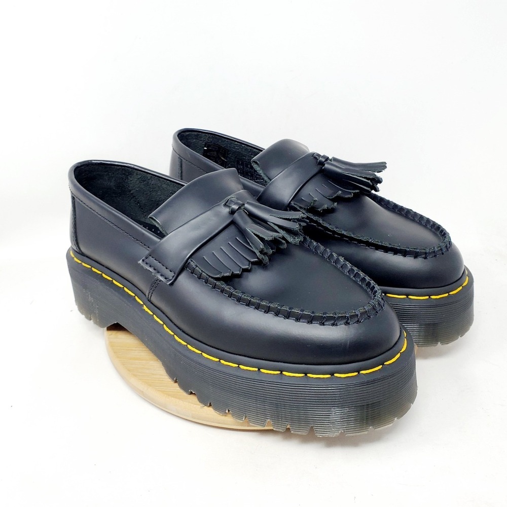 Dr. Martens Black Leather Platform Tassel Loafers with Yellow Stitch - Picture 2 of 14